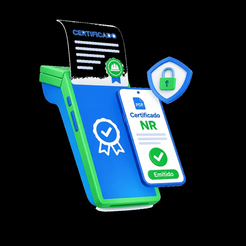 Emissão de certificado de NR: certificado impresso, celular com o PDF emitido e cadeado de segurança